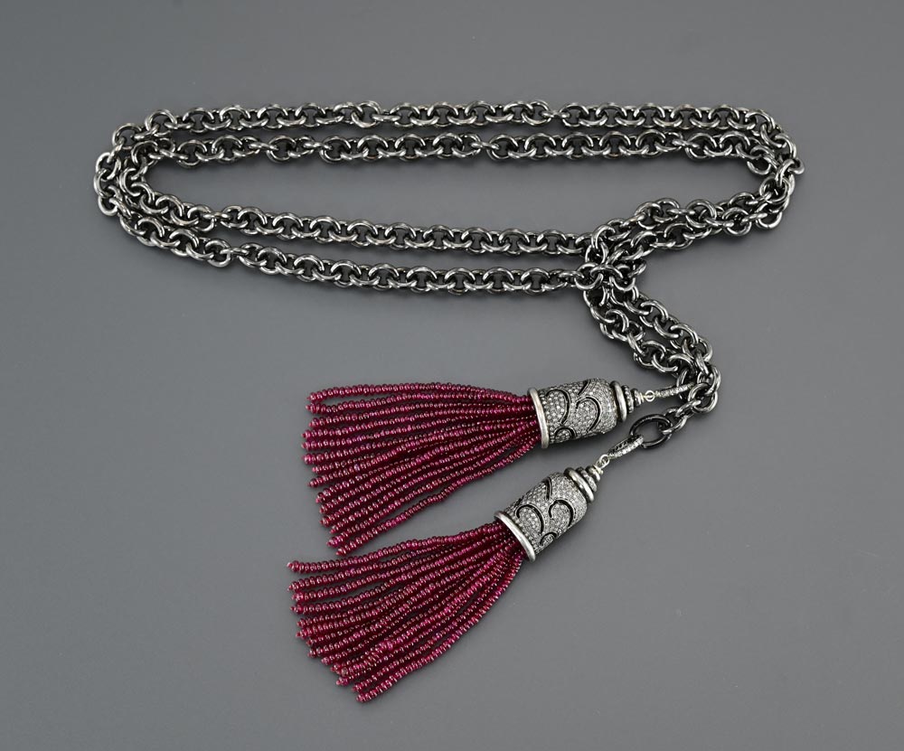 Vivid Burmese Ruby tassel Lariat with Diamond and Oxidized silver 