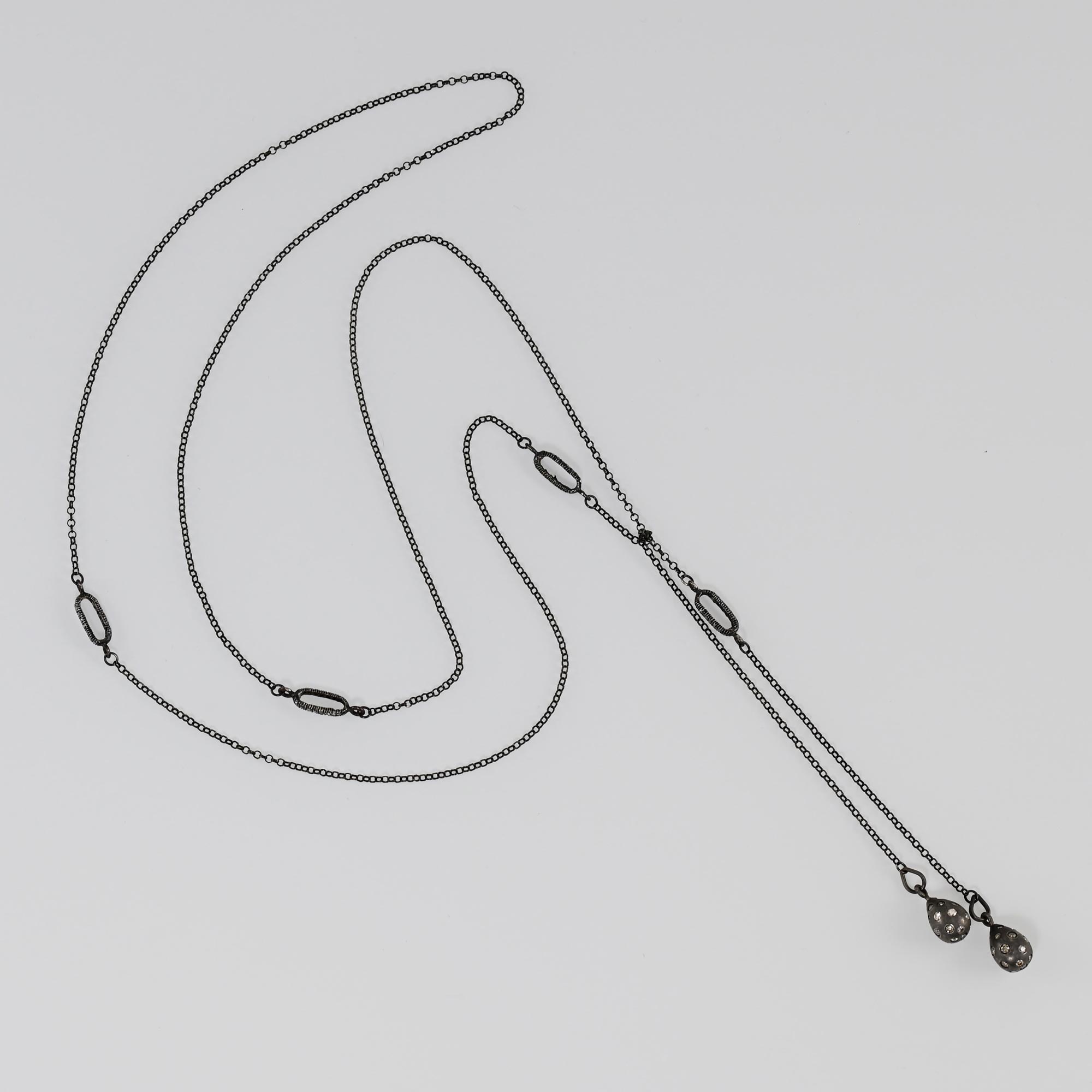 Delicate long oxidized silver chain lariat with floating diamond links