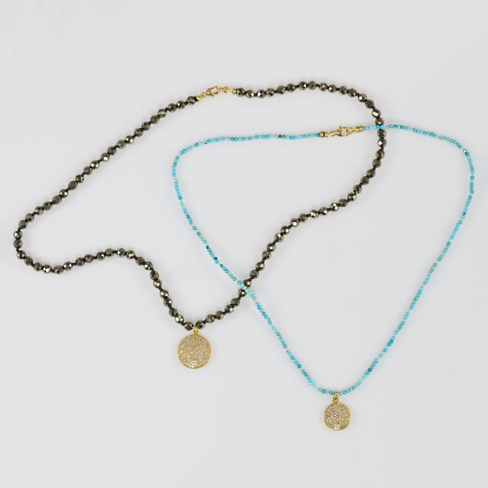 Delicate necklaces, Pyrite, Turquoise, Diamonds and gold