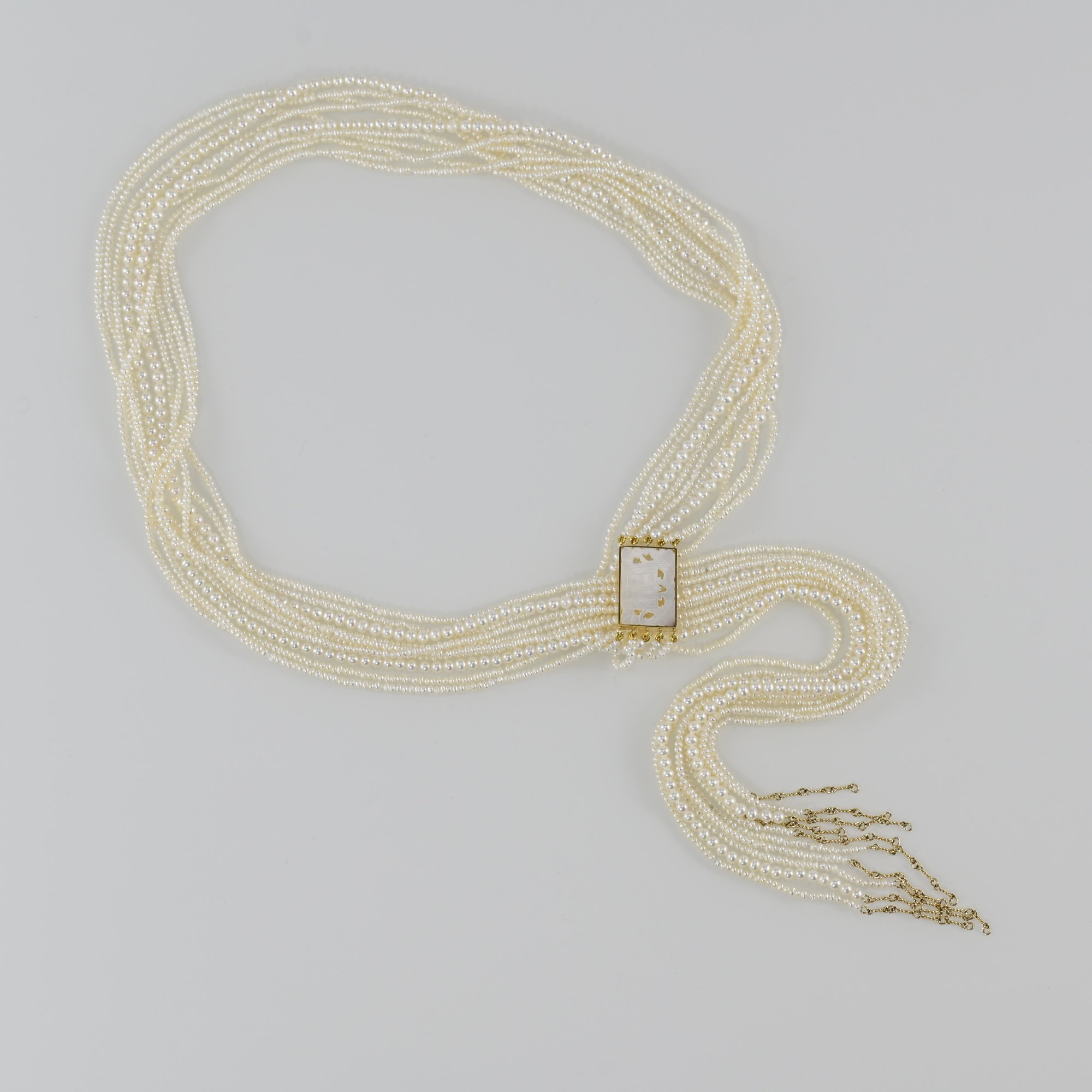 Multi strand delicate Pearl Lariat necklace with 18k gold
