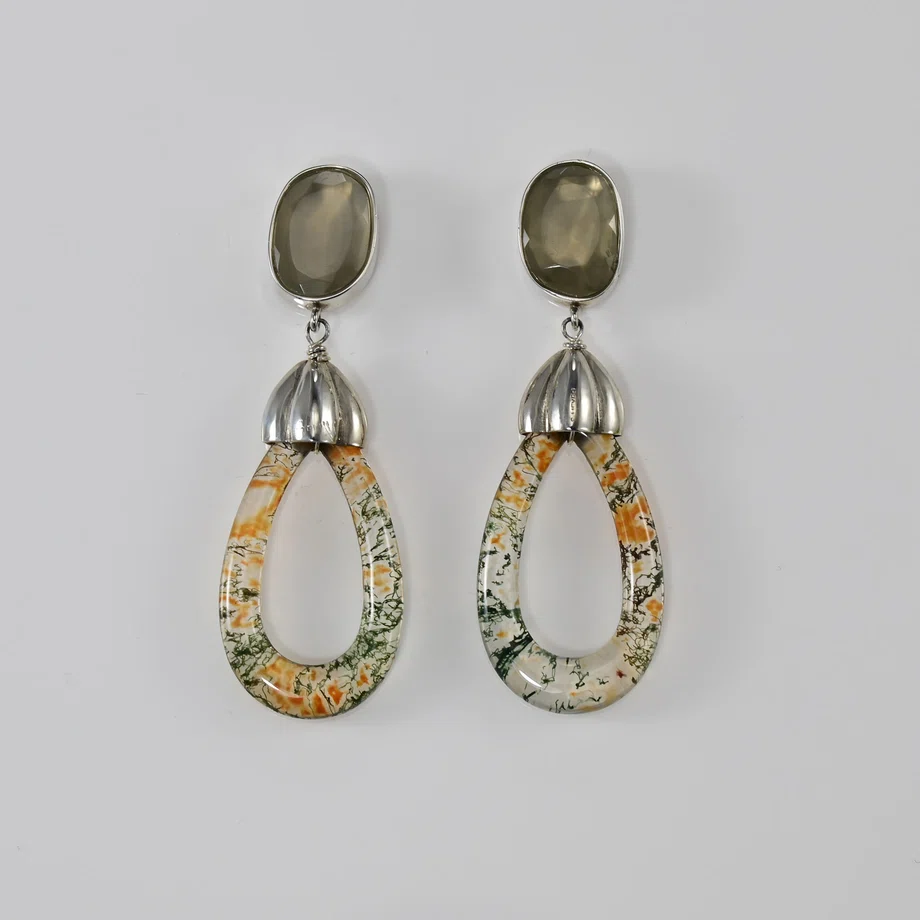 Unique semi precious gems: Moss Agate, Moonstone & silver earrings