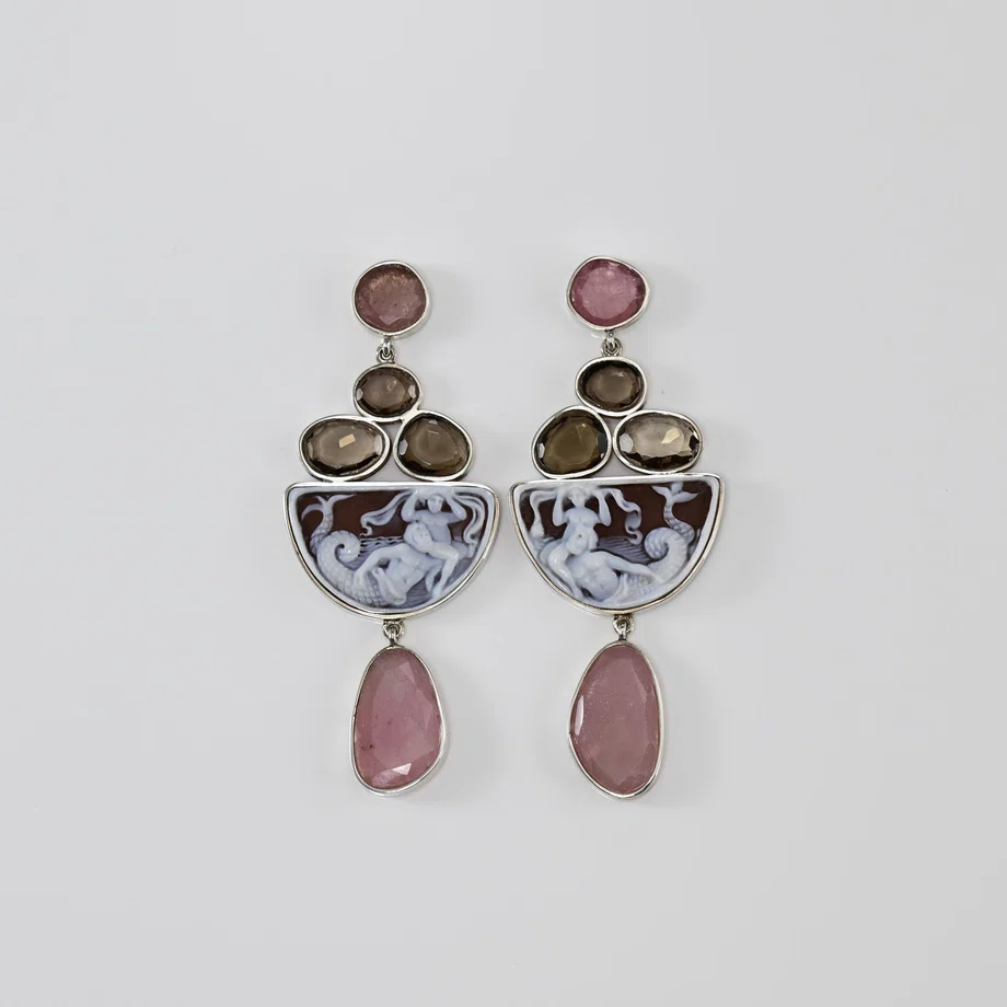 "Under the Sea" bespoke Cameo, Pink Sapphire, Quartz, Silver earrings
