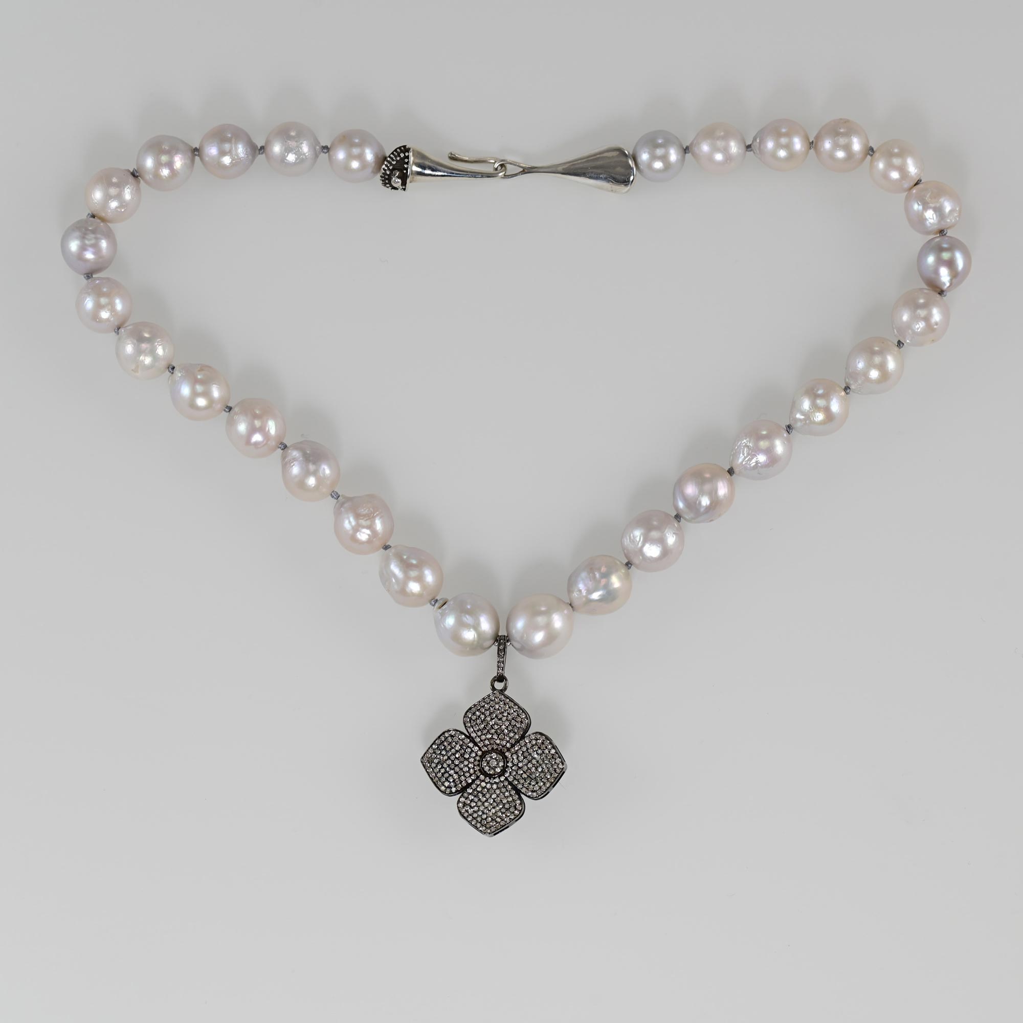Soft grey baroque Pearls with Diamond and silver floral pendant