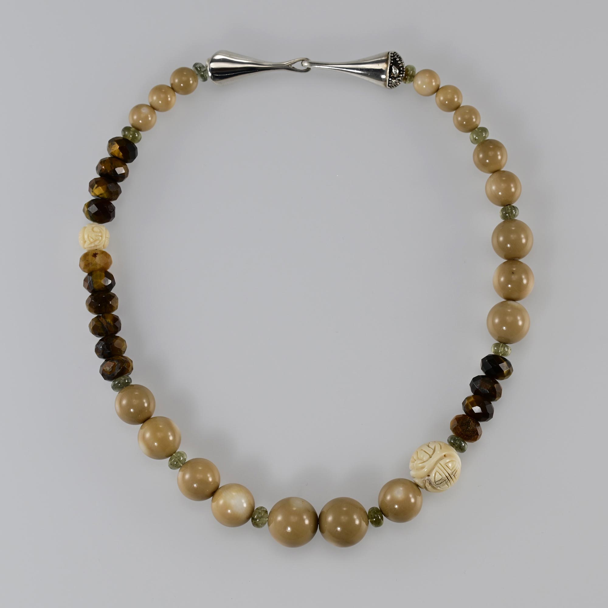 Natural Coral,Tiger Eye with signature silver clasp necklace