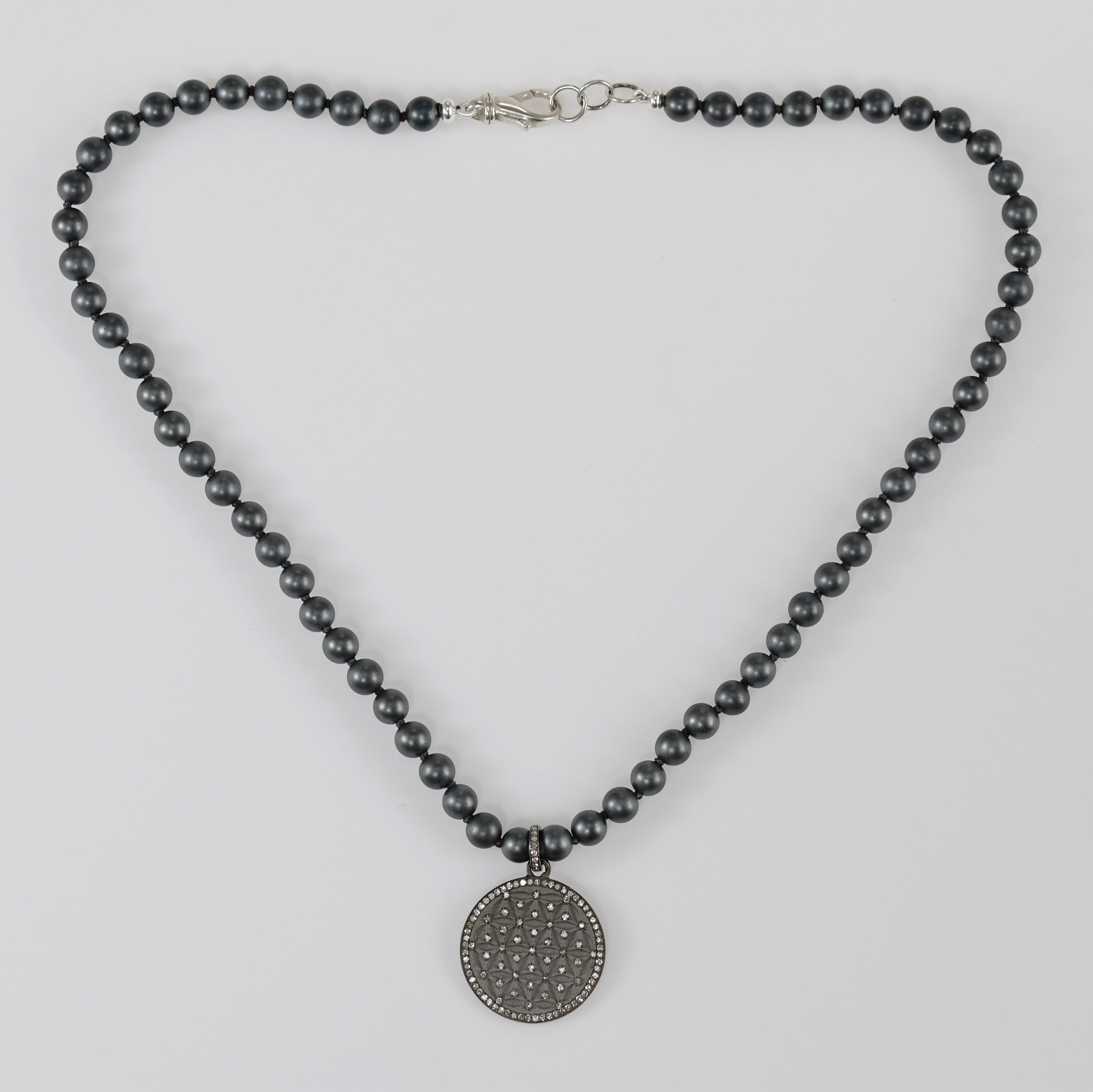 Matte finish everyday necklace of Hematine,Diamond and Silver