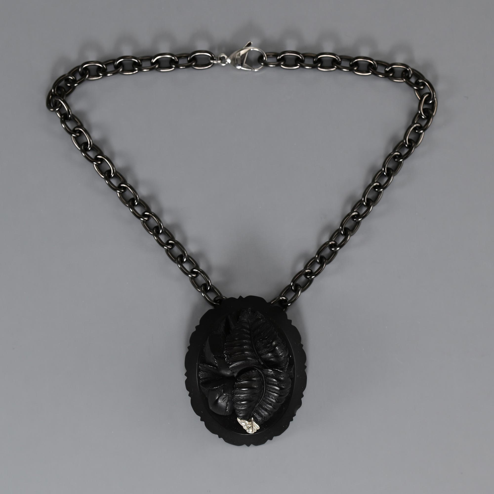 Bespoke antique carved black Jet pendant necklace,Stainless,Silver